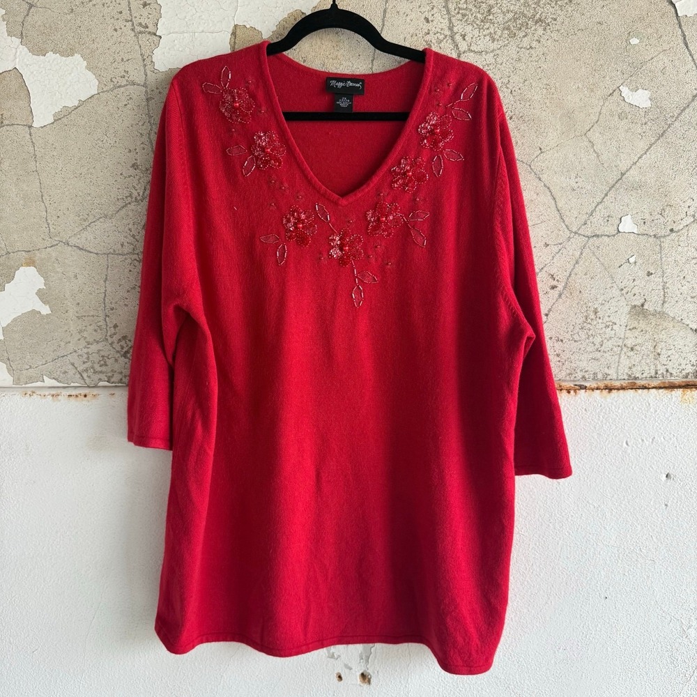 Beaded Holiday Sweater Maggie Burns Womens 2X Plus V Neck Embellished Floral Top